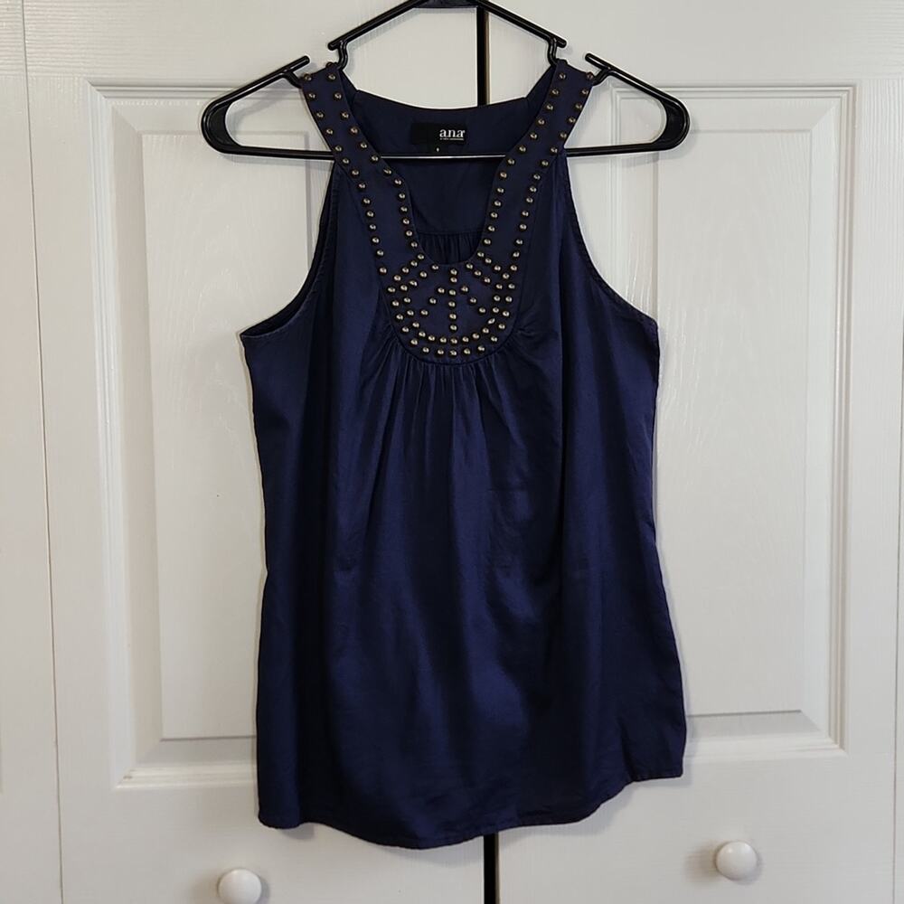 a.n.a Women's Navy‎ Blue Rounded V-neck Tank Top Size SM Beaded Pleated Cotton